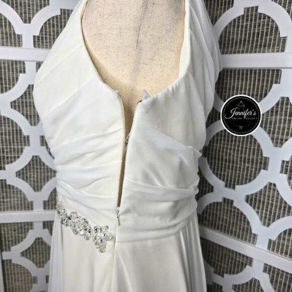 DaVinci White Chiffon Ruched V-Neck Beaded Waist & Strap Floor Length Dress 14 - Picture 7 of 16